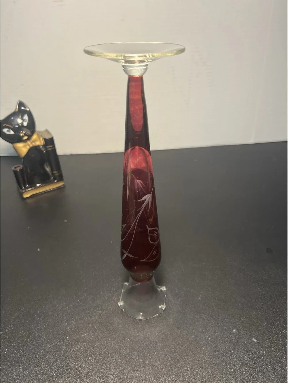 Czech Vintage 1950s 2 Bud Vases Cut To Clear Cranberry Flashed Etched Glass, 10”